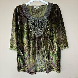 One World Y2K Medium Green Velvet Velour 3/4 Sleeve Top Fairy Grunge Boho Earthy